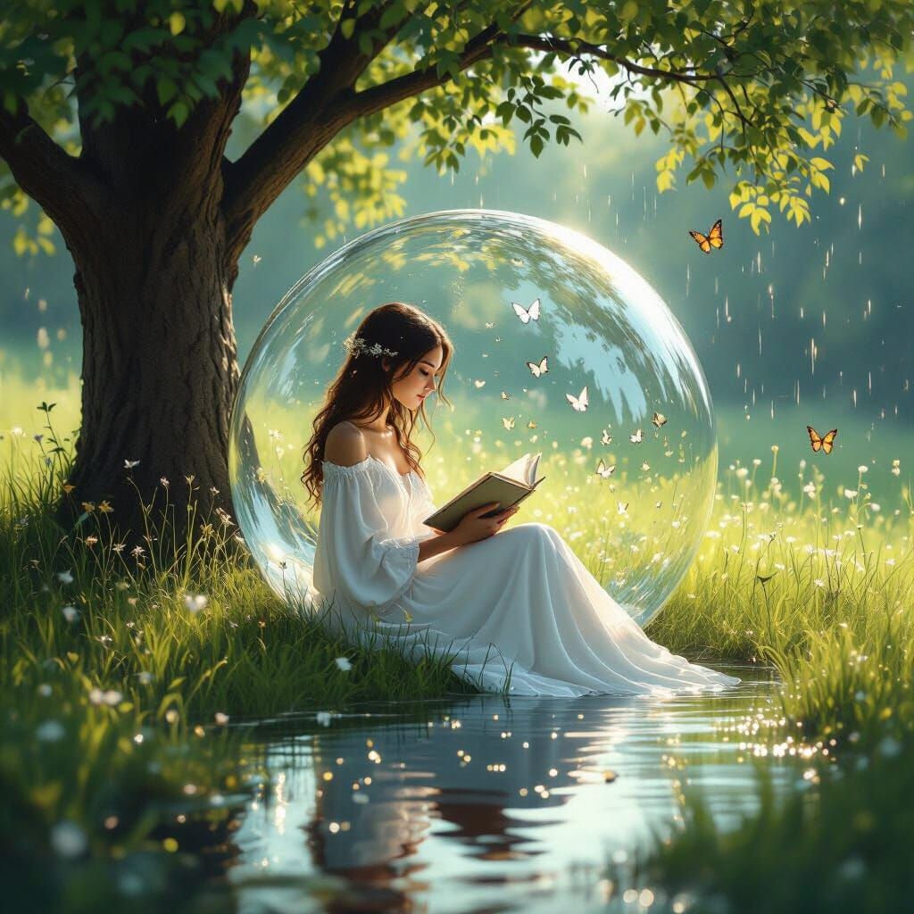 Glass Sphere in Rain Puddle: Serene Woman Reading
