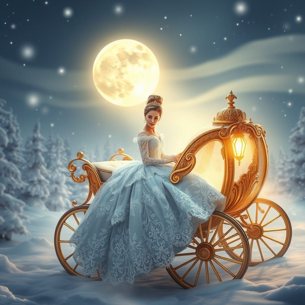 Majestic Cinderella in Golden Carriage, Winter Wonderland