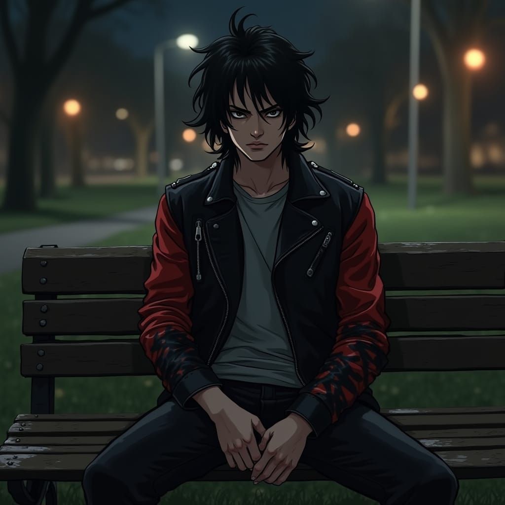 Dark Figure Sits on Park Bench at Night, Wearing Edgy Motorc...