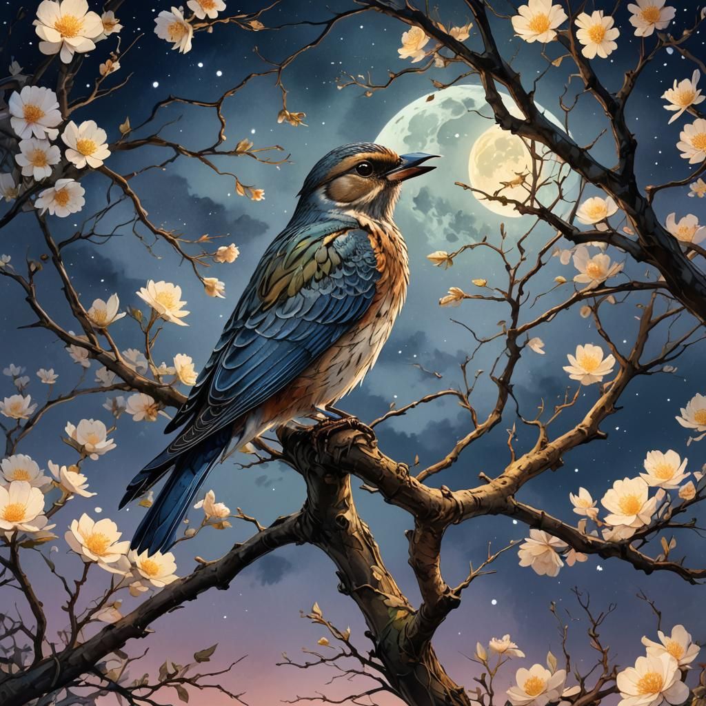 Surreal Moonlit Bird in Watercolor