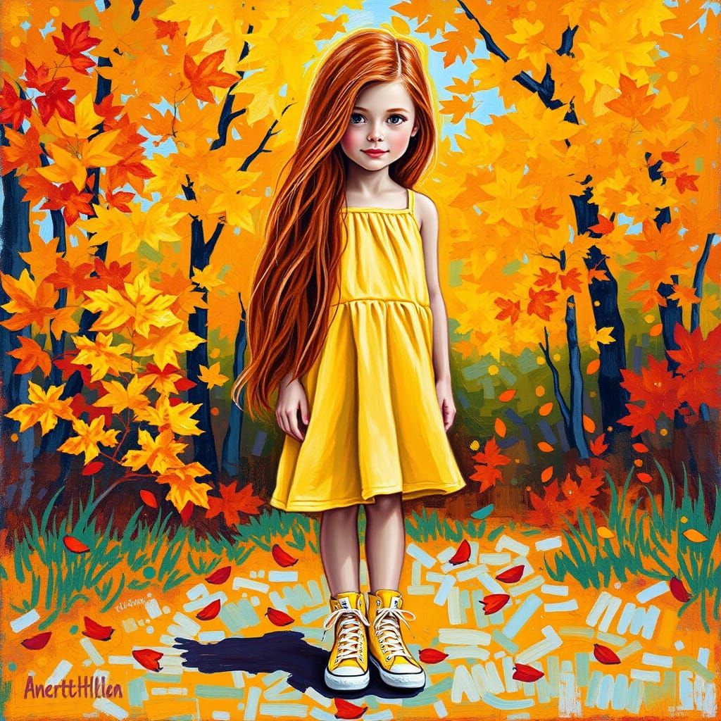 Girl in Yellow Dress Amidst Vibrant Fall Landscape