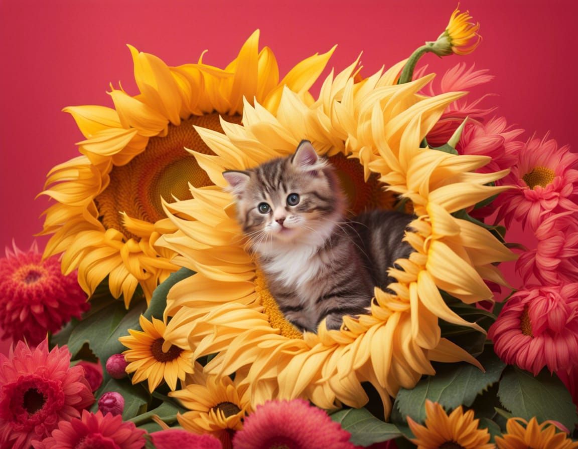 Sunflower Gathering of Pink Kittens in Playful Hues