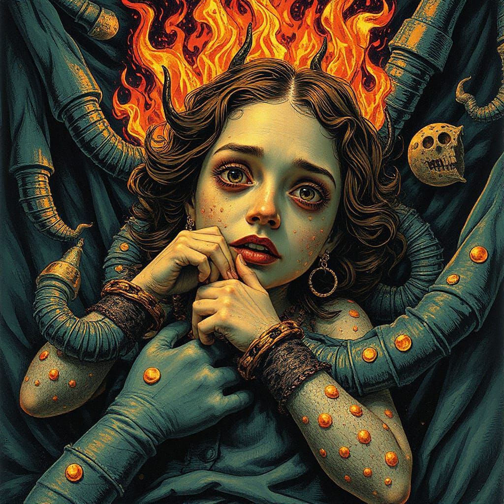 Eerie Golden Age Illustration of Incendiary Terror