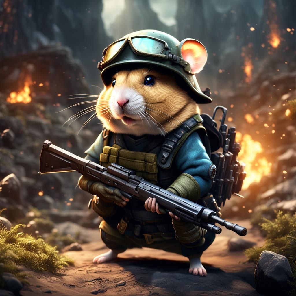 Fantastical Soldier Hamster Charging into Battle