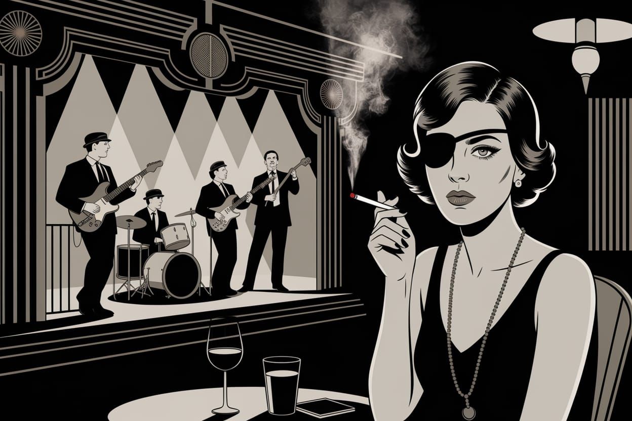 Eyepatch Flapper Girl in Jazz Club, Pop Art Style