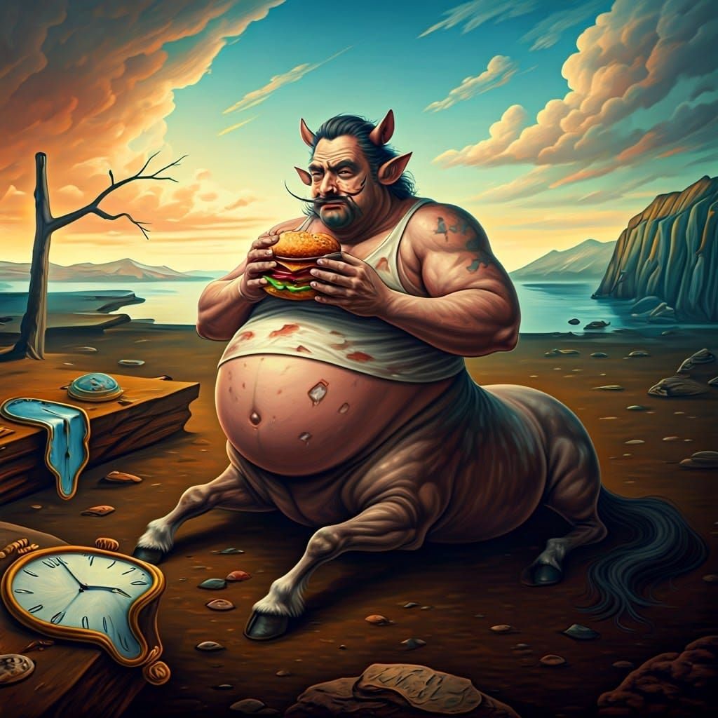 Centaur Devouring Cheeseburger in Surrealist Dreamscape