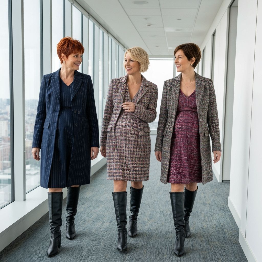 Pregnant Businesswomen in Colorful Long Blazers and Short Ha...