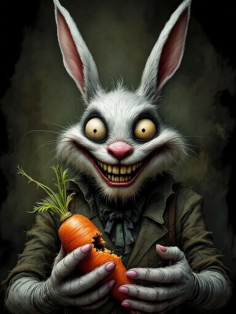 Gothic Surreal Laughing Bunny with Carrot