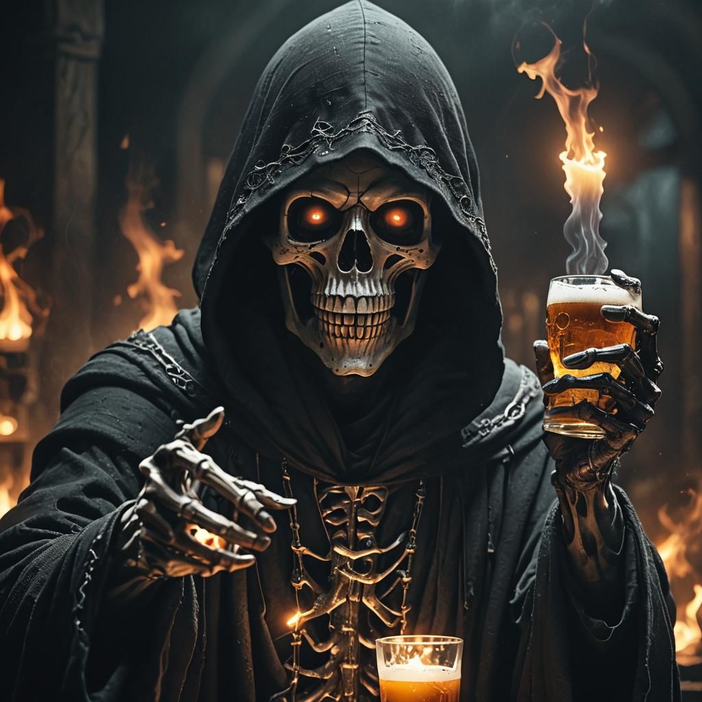 Skeletal Figure in Black Robe Points with Glowing Eyes, Hold...