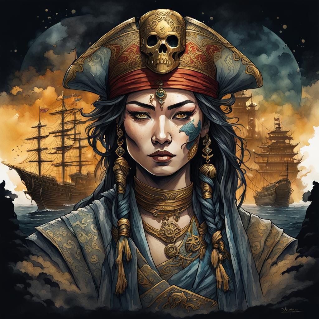 Epic Oriental Pirate Queen in a Dark Fantasy Aquarelle Portr...