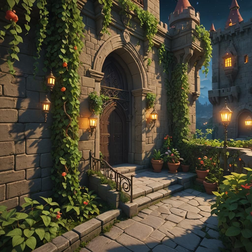 Mystical Castle Garden at Night in Vibrant HDR