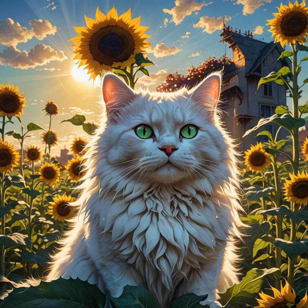 Fantasy Cat Basks in Morning Sunlight Amidst Sunflower