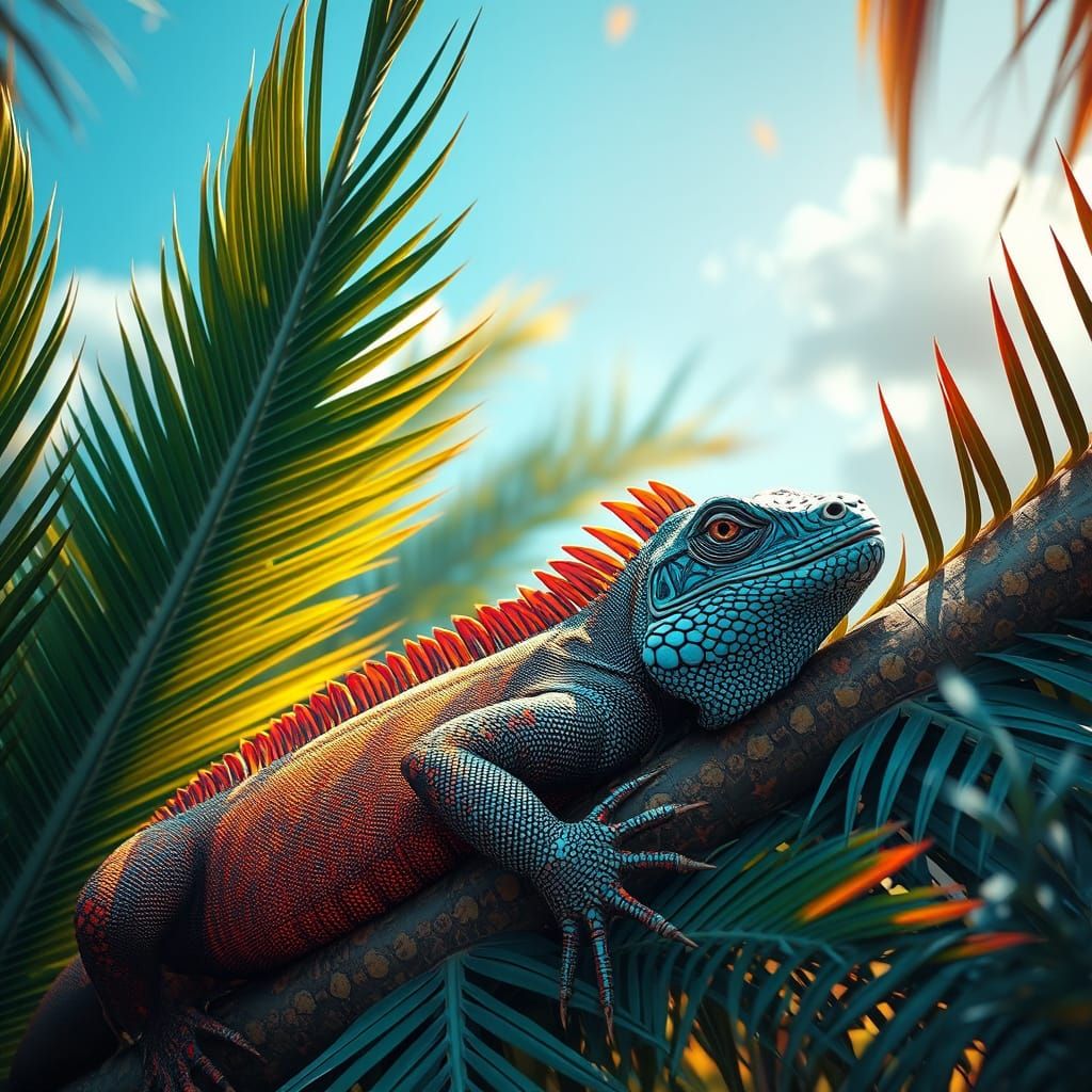 Iguana Lounging in Palm Tree: Digital Concept Art