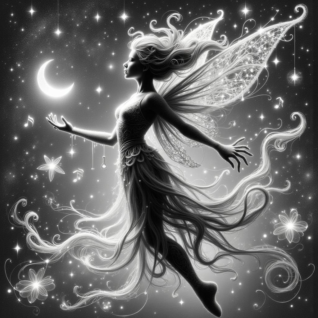 Ethereal Fairy Silhouette Under Twinkling Stars in Charcoal....