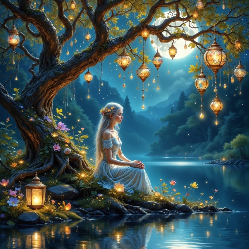Ethereal Elf Maiden Under Ancient Tree's Glistening Canopy
