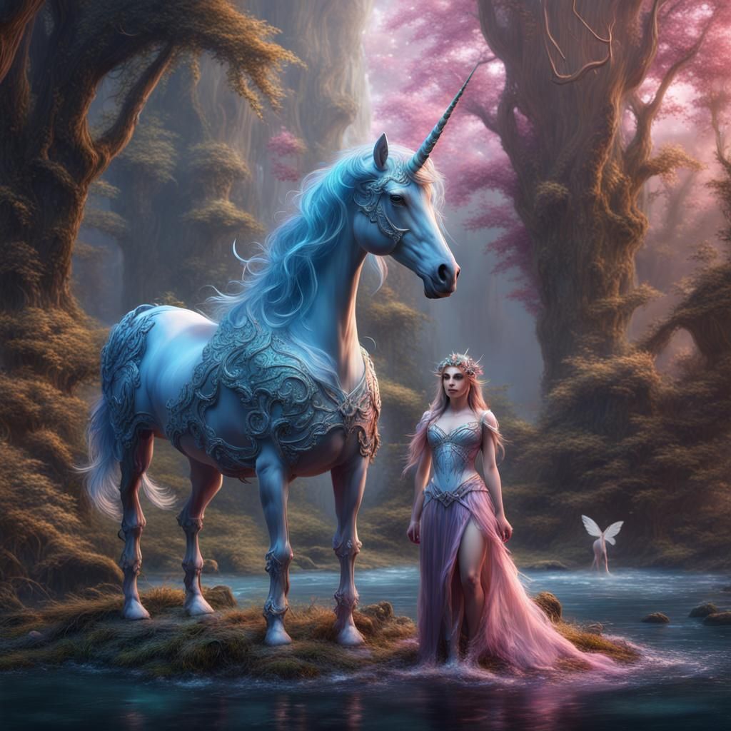 Crystal Unicorn with Companion Fairy, Energetic Fantasy Scen...