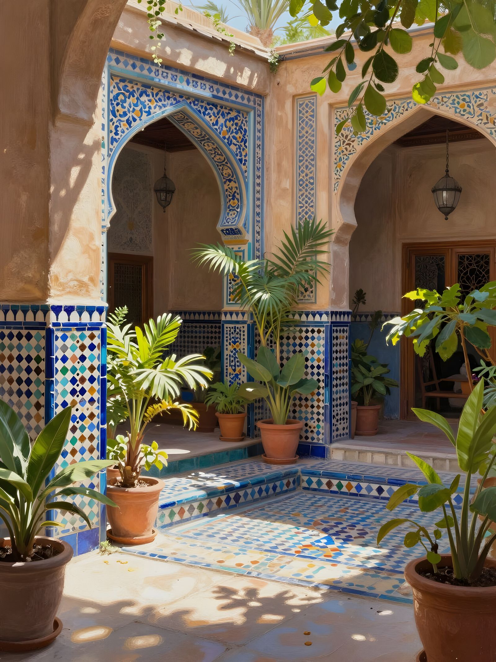 Serene Arabian Patio with Mosaic Tiles and Lush Plants