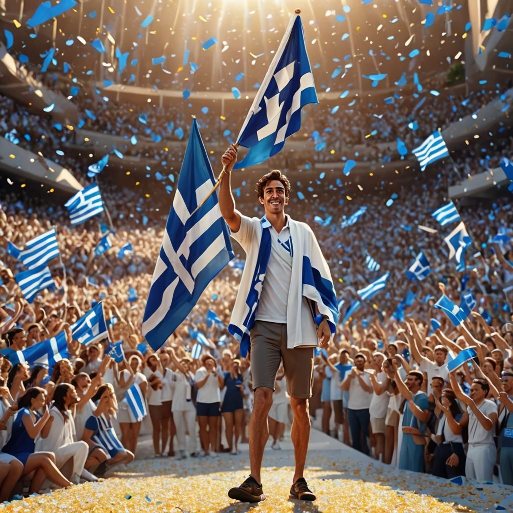 Surreal Olympic Joy: Milo Tendoglu Waving Greek Flag at Los....