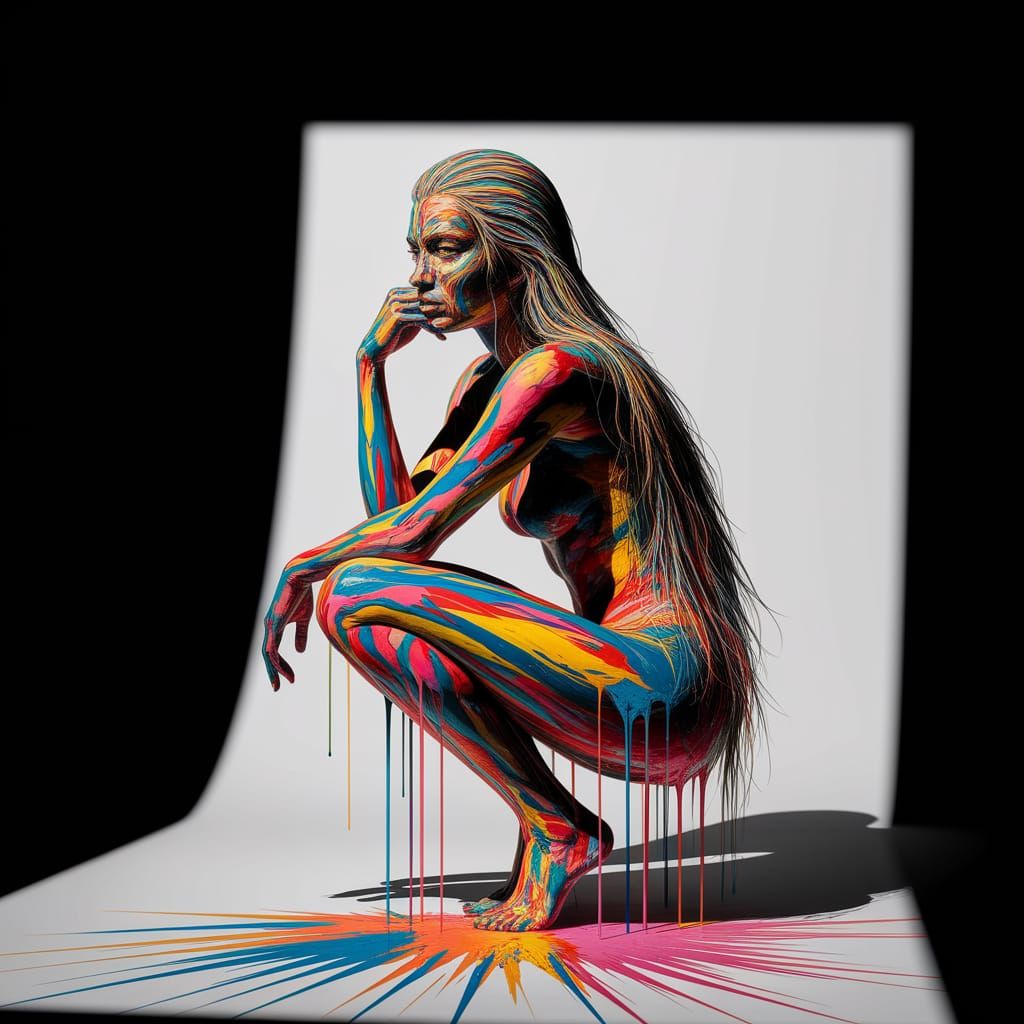 Surreal Portrait of a Seated Woman in Dripping Paint Style