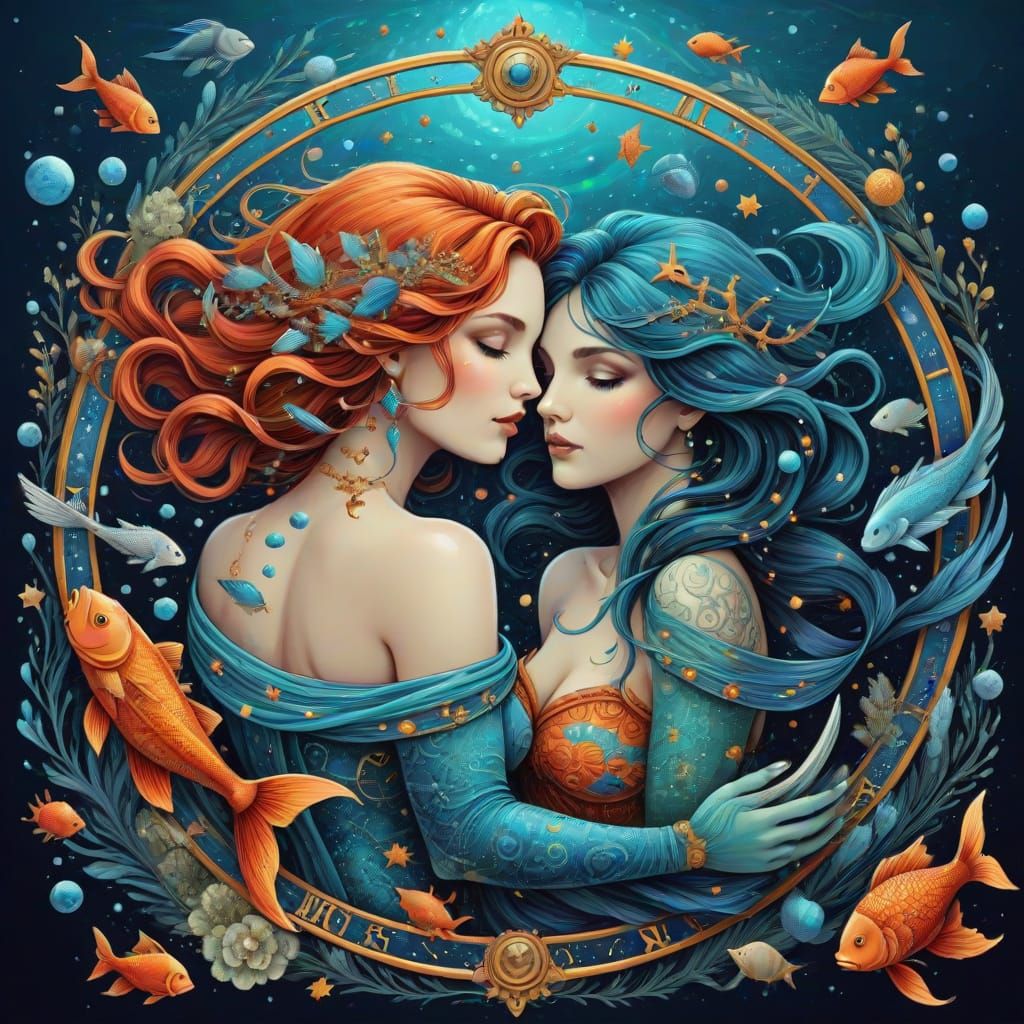 Whimsical Zodiac Art of Pisces in Mystical Deep Colors