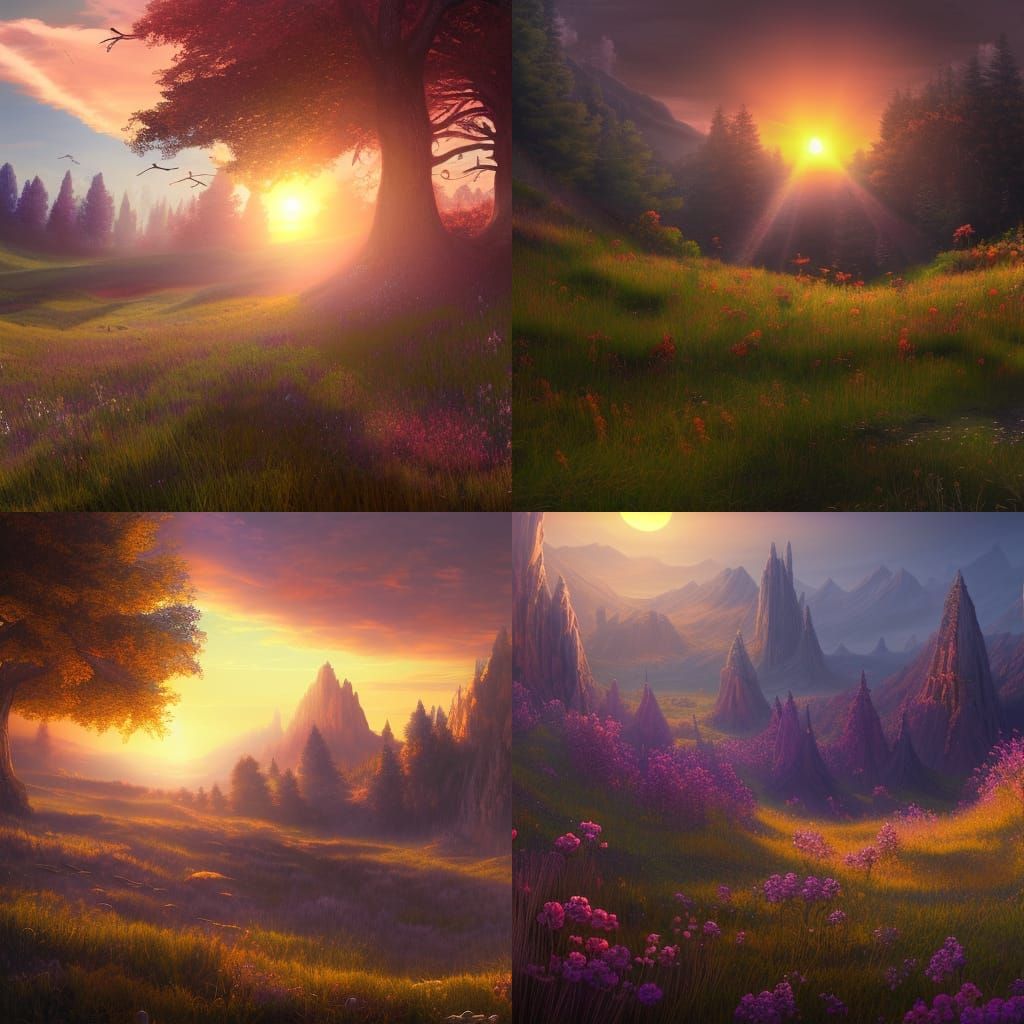 Surreal Hillside Oasis Basks in Vibrant Sunset Glow