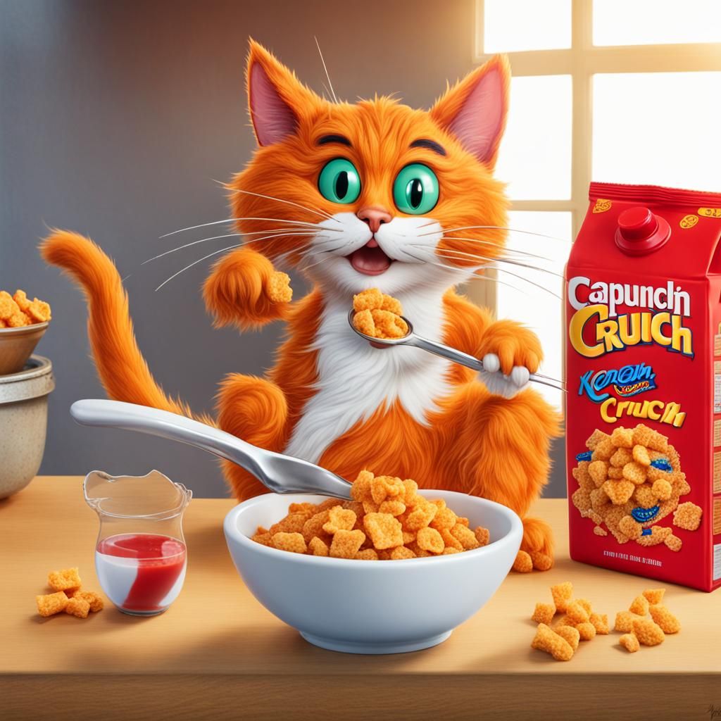 A cat squeezing ketchup into a bowl of Capn Crunch cereal