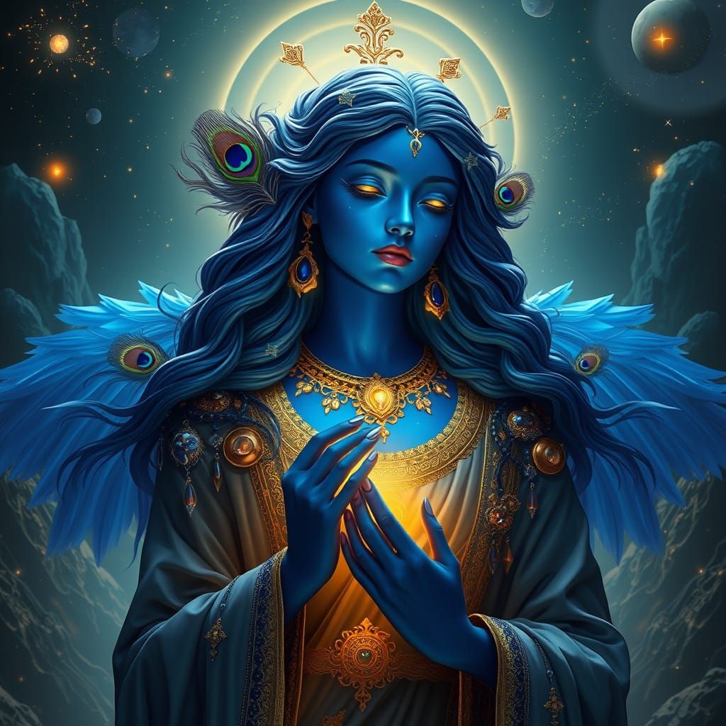 Sapphire Deity in Celestial Landscape: Digital Sculpture