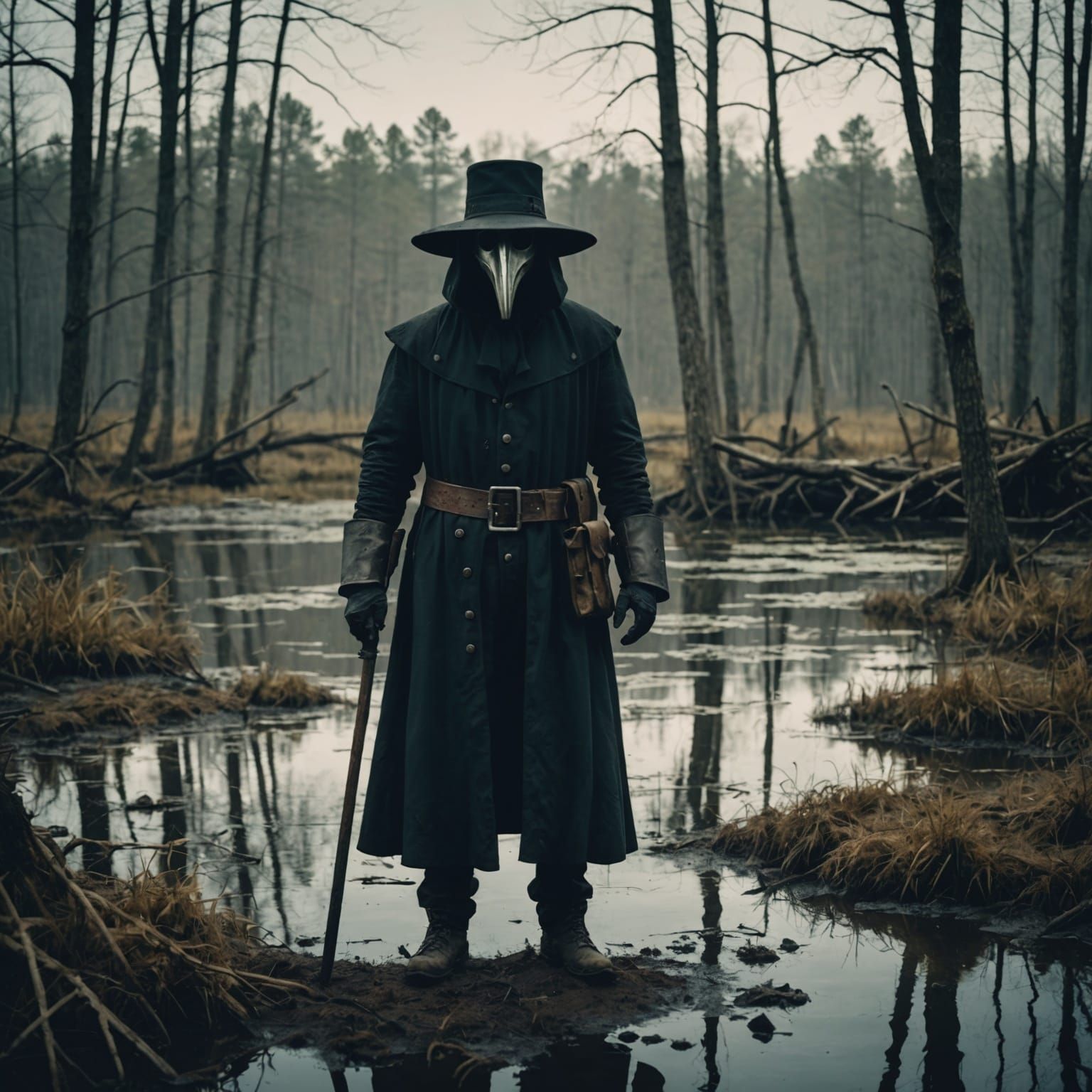 Ethereal Plague Doctor Emerges from Swampy Hillbilly Landsca...