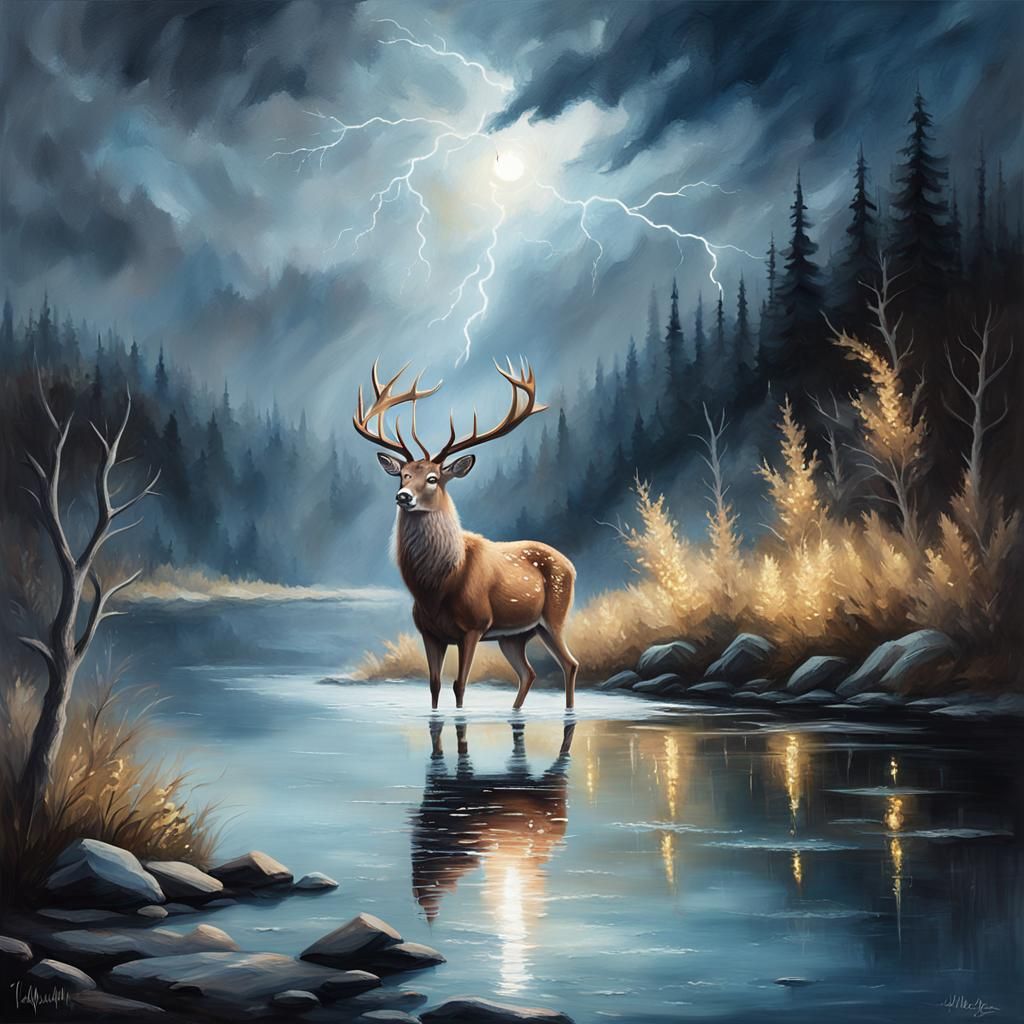 Ethereal Deer Under Stormy Moonlit Sky