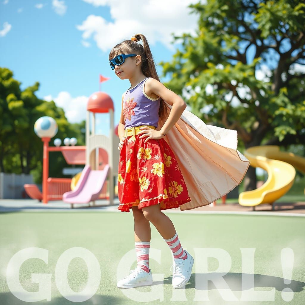 Confident Superhero Girl in Vibrant, Fantastical Playground