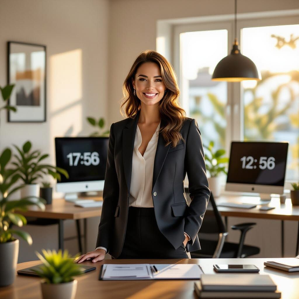 Confident Woman in Modern Home Office, Cinematic Style