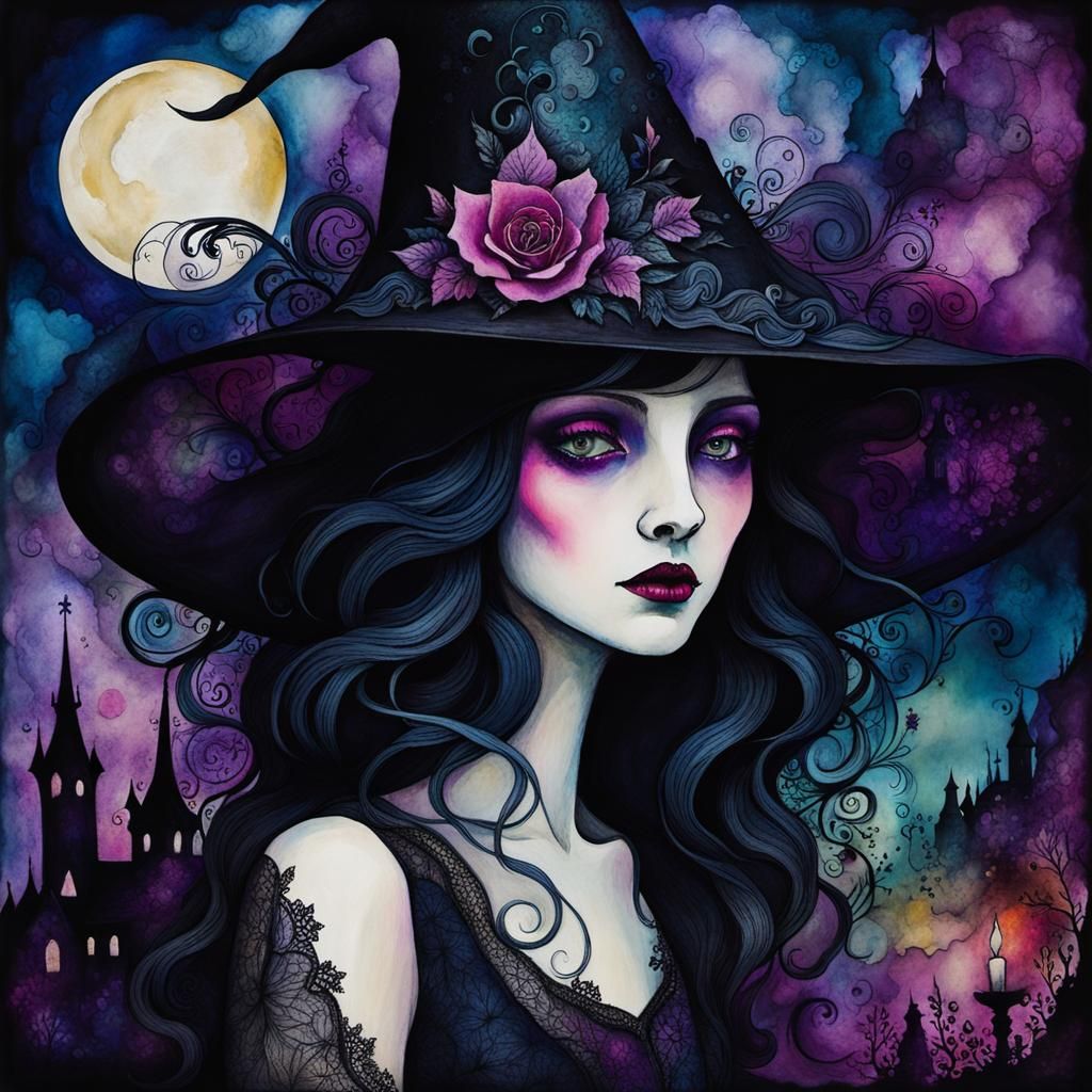 Ethereal Shadow Witch in Macabre Mixed Media Art