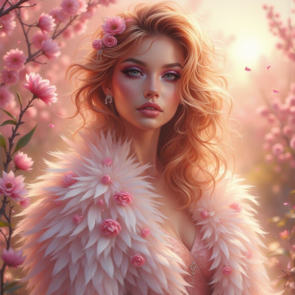 Ethereal Woman Adorned in Feathers and Blossoms