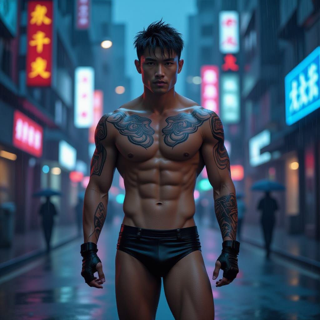Cyberpunk Cityscape: Muscular Man in Neon Rain