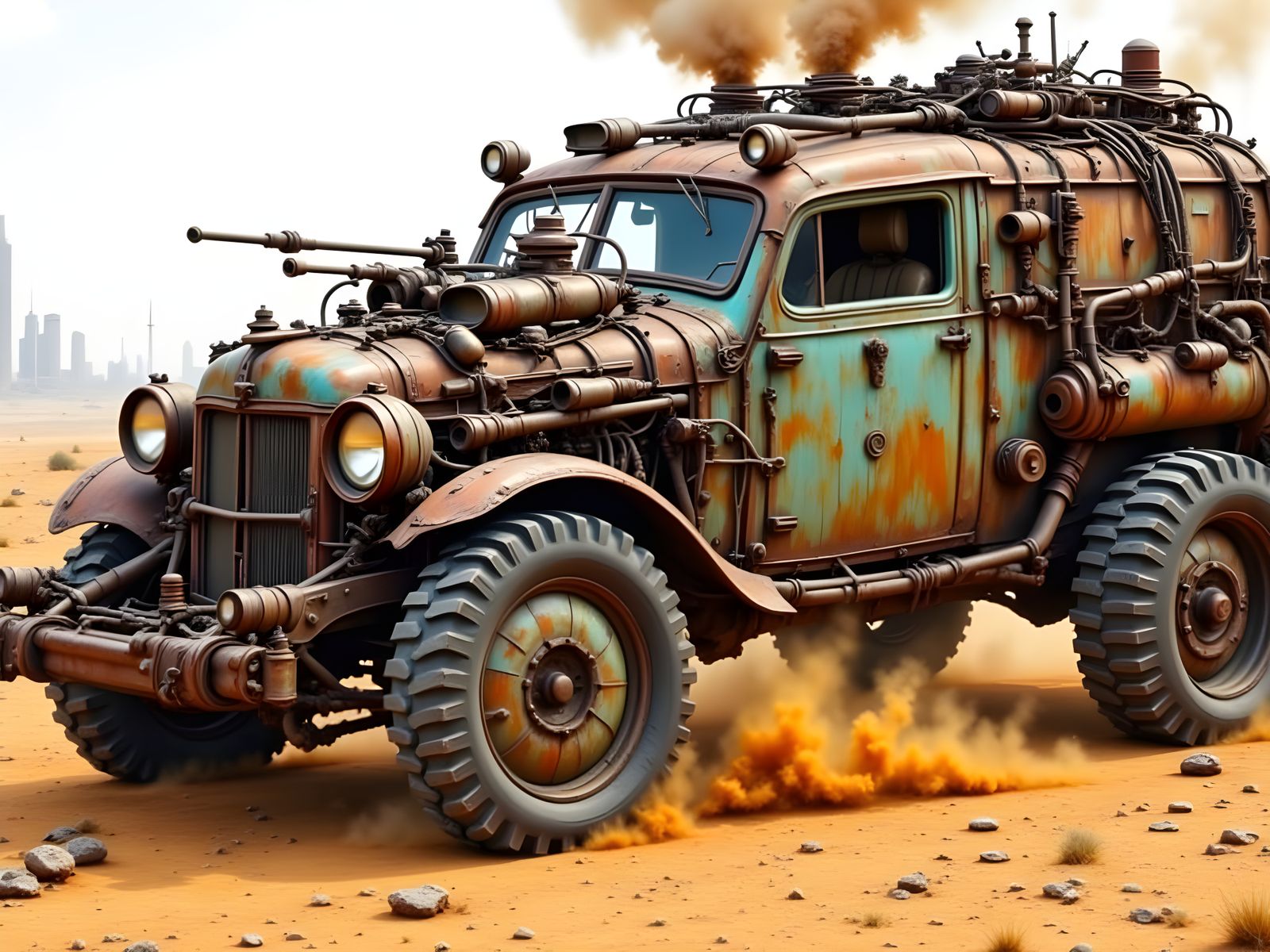 Battle-Scarred Vehicle Speeds Through a Post-Apocalyptic Was...