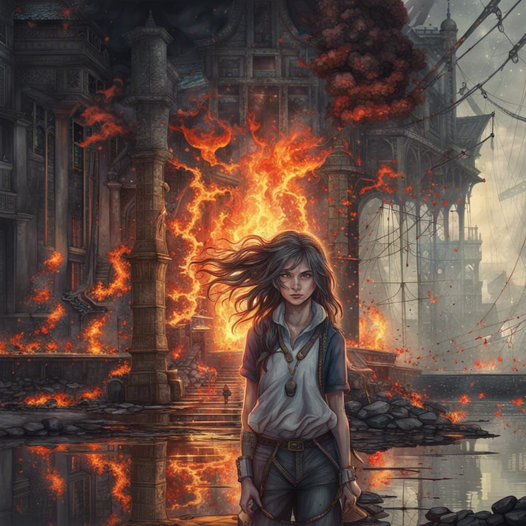 Girl Amidst Turbulent Elements of Fire and Water