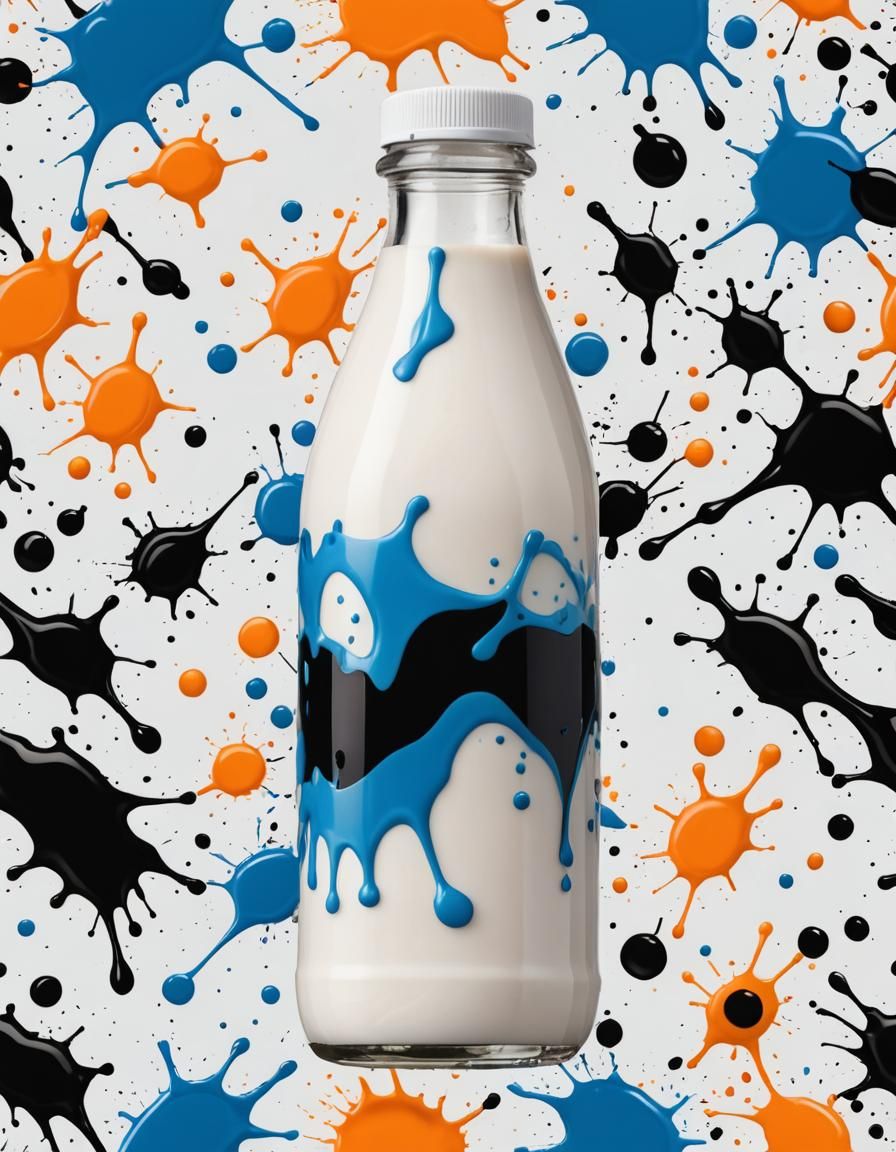 Vibrant Ink Splatter Decorates a White Milk Bottle