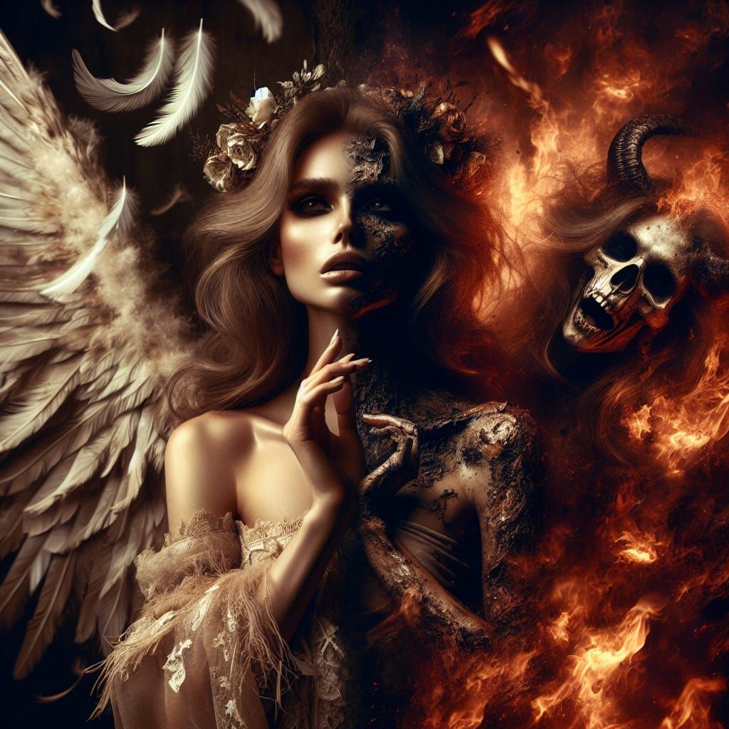 Ethereal Fallen Angel Amidst Hellish Flames