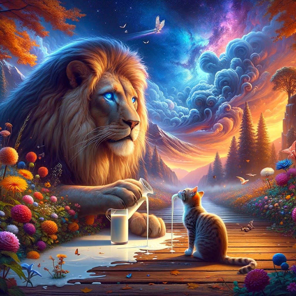 Cat and Lion in Deep-Color Matte Painting