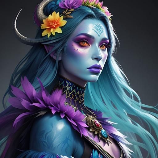 Dragon-Inspired Goddess with Rainbow Skin and Flower Crown