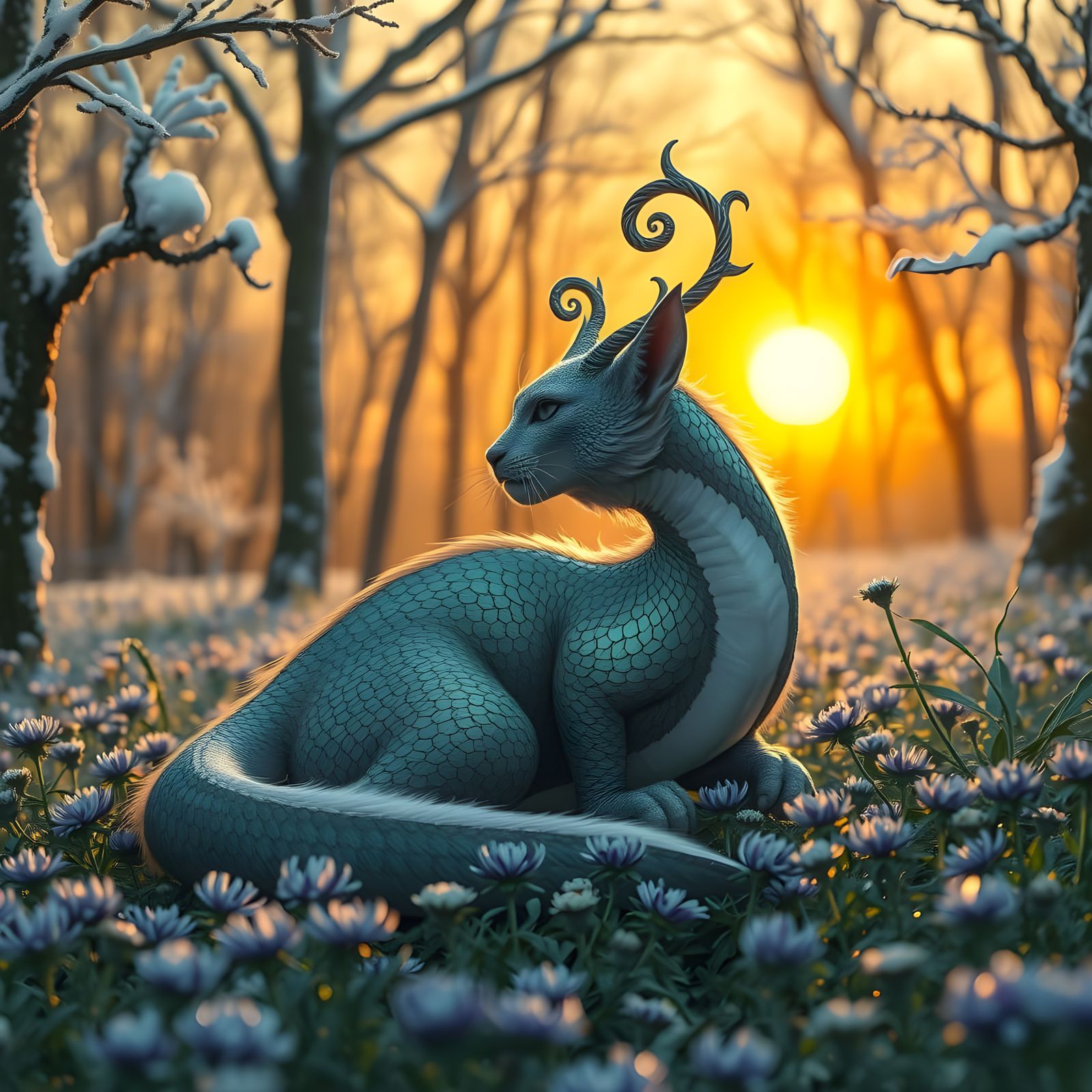 Ethereal Dragon-Cat in Winter Forest, Iridescent Scales and...