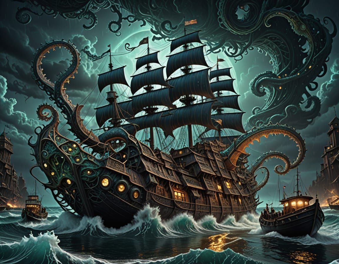 Fractal Kraken Protects Boats in Digital Matte Painting
