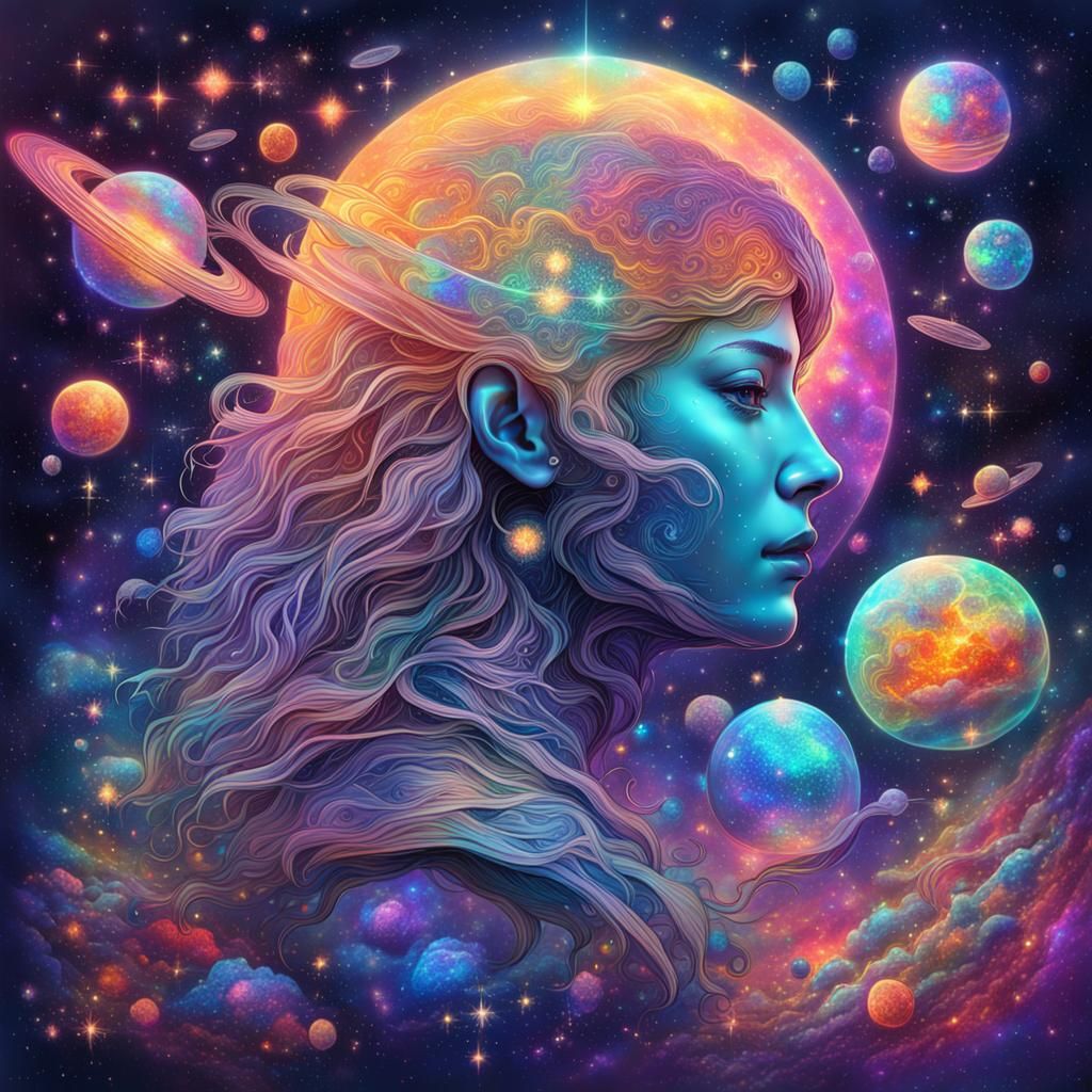 Vibrant Cosmic Portrait in Holographic Style