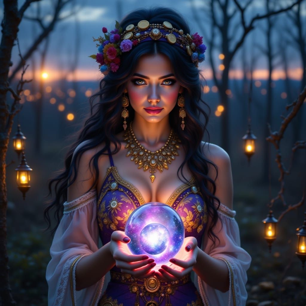 Mystical Gypsy Woman With Crystal Ball Under Twilight