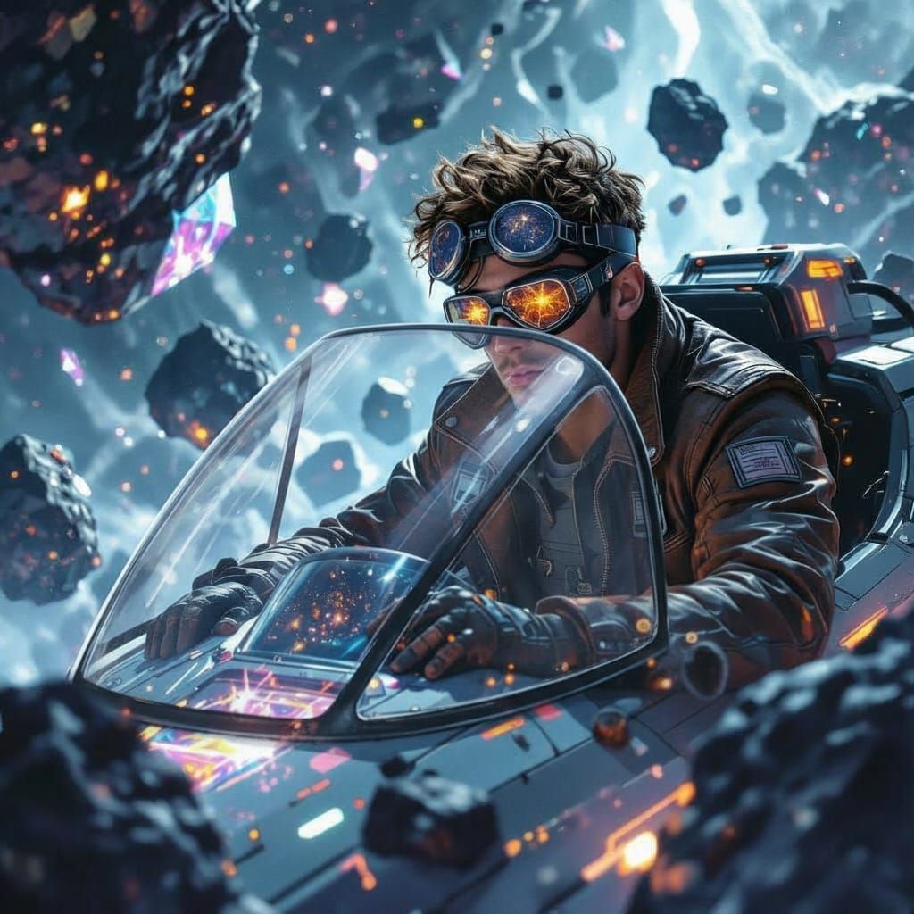 Young Pilot Navigates Crystalline Asteroid Field