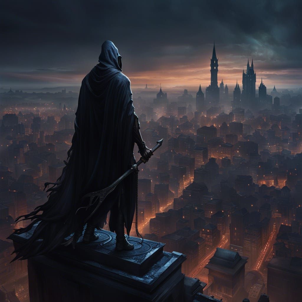 Grim Reaper Masterpiece Dominates Dark Fantasy Cityscape