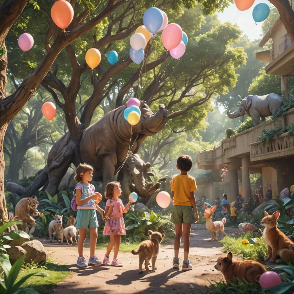 Children Celebrate in Vibrant Fantasy Zoo Scene, Inspired by...
