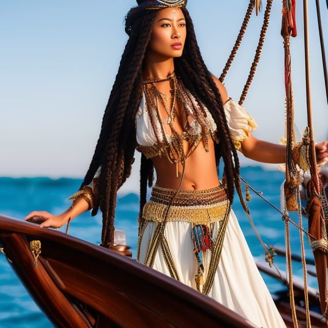 Caribbean Pirate Woman on Ship in Art Nouveau Style