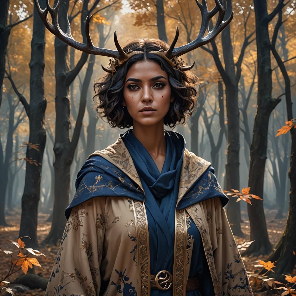 Young Arabic Woman with Fantastical Autumn Forest Antlers in...