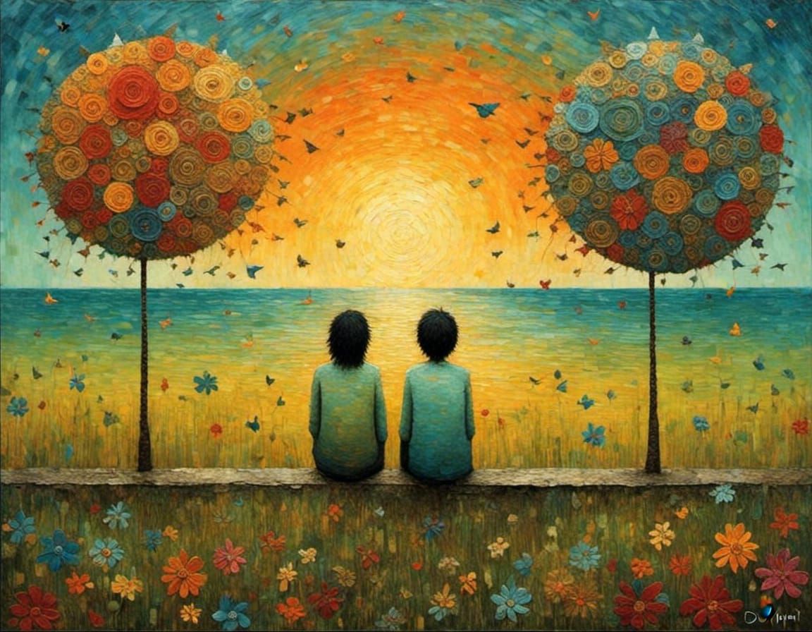 Joyous Friends Bask in Sunset Colors in Art Brut Style